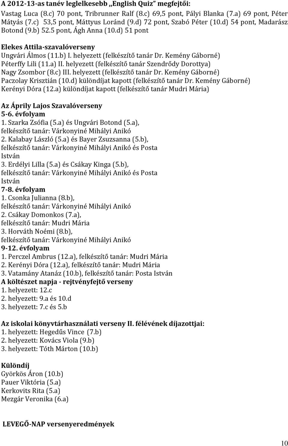 Kemény Gáborné) Péterffy Lili (11.a) II. helyezett (felkészítő tanár Szendrődy Dorottya) Nagy Zsombor (8.c) III. helyezett (felkészítő tanár Dr. Kemény Gáborné) Paczolay Krisztián (10.