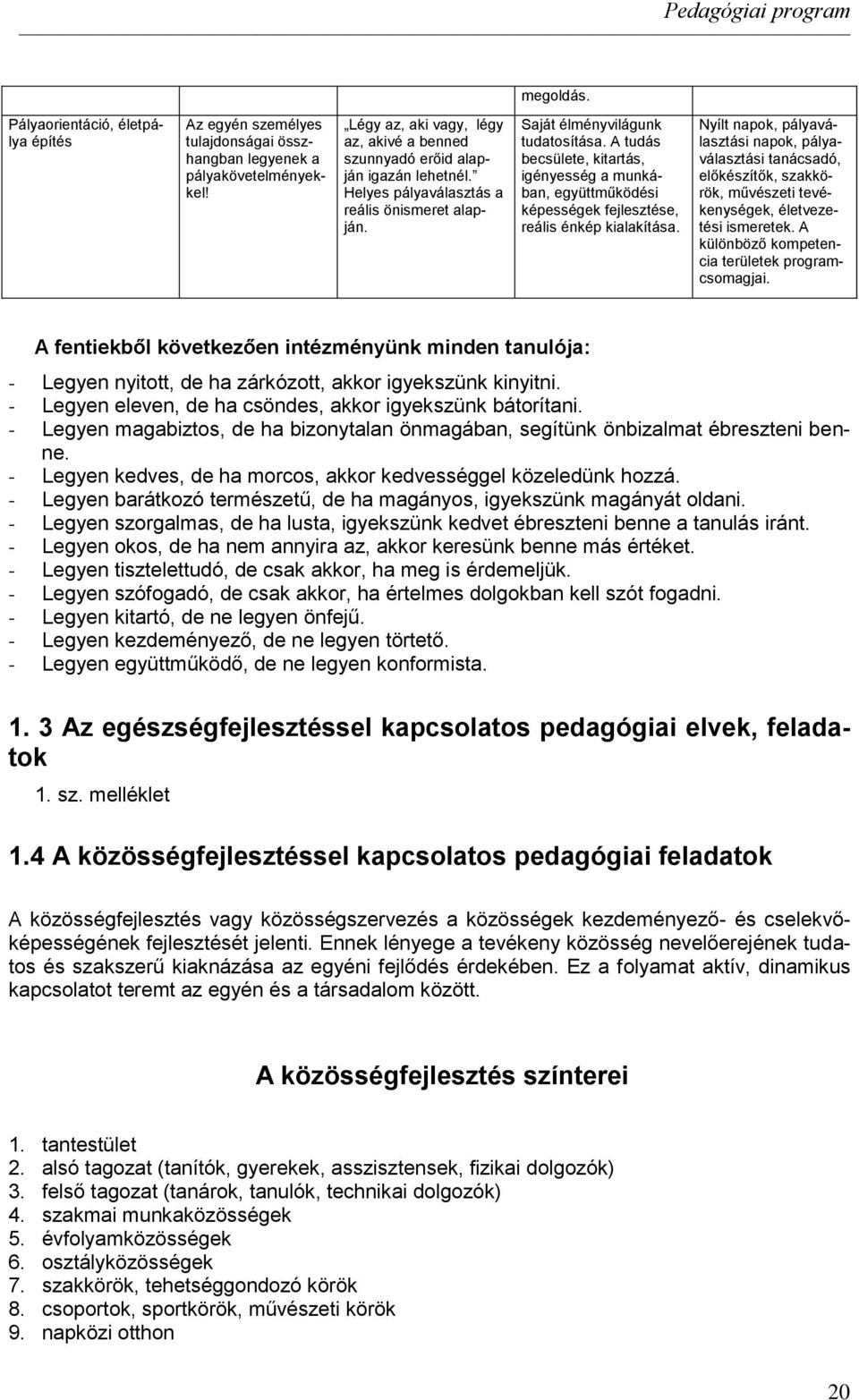 A tudás becsülete, kitartás, igényesség a munkában, együttműködési képességek fejlesztése, reális énkép kialakítása.