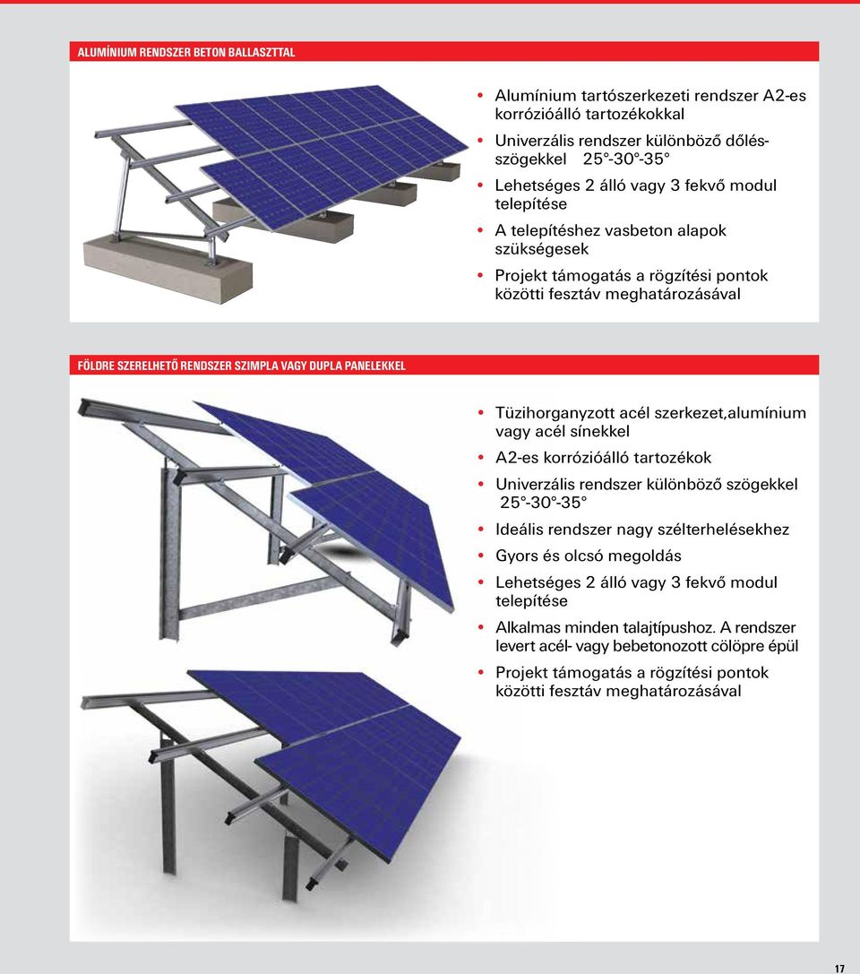acél szerkezet,alumínium vagy acél sínekkel A2-es korrózióálló tartozékok Univerzális rendszer különböző szögekkel 25-30 -35 Ideális rendszer nagy szélterhelésekhez Gyors és olcsó megoldás
