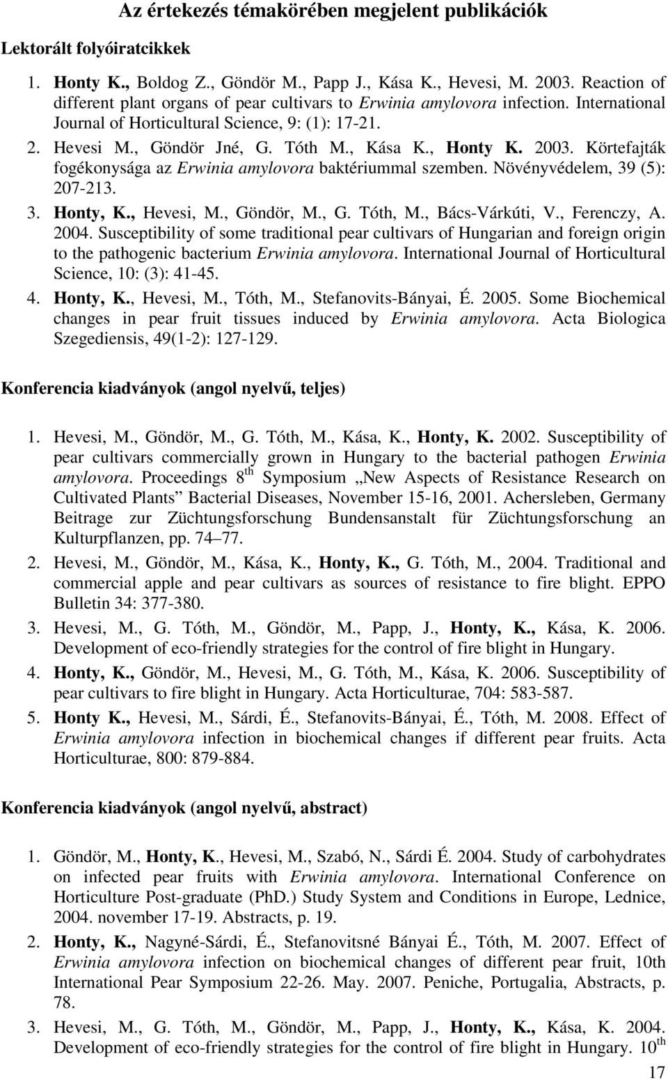 , Honty K. 2003. Körtefajták fogékonysága az Erwinia amylovora baktériummal szemben. Növényvédelem, 39 (5): 207-213. 3. Honty, K., Hevesi, M., Göndör, M., G. Tóth, M., Bács-Várkúti, V., Ferenczy, A.