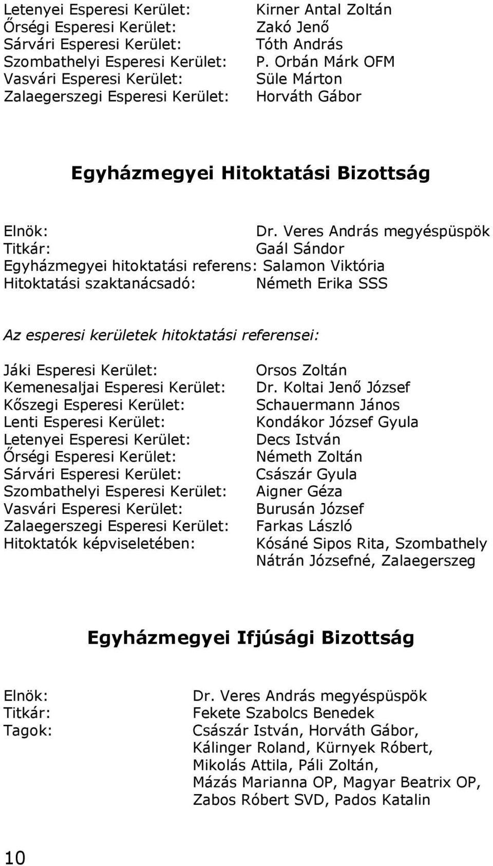 Veres András megyéspüspök Titkár: Gaál Sándor Egyházmegyei hitoktatási referens: Salamon Viktória Hitoktatási szaktanácsadó: Németh Erika SSS Az esperesi kerületek hitoktatási referensei: Jáki