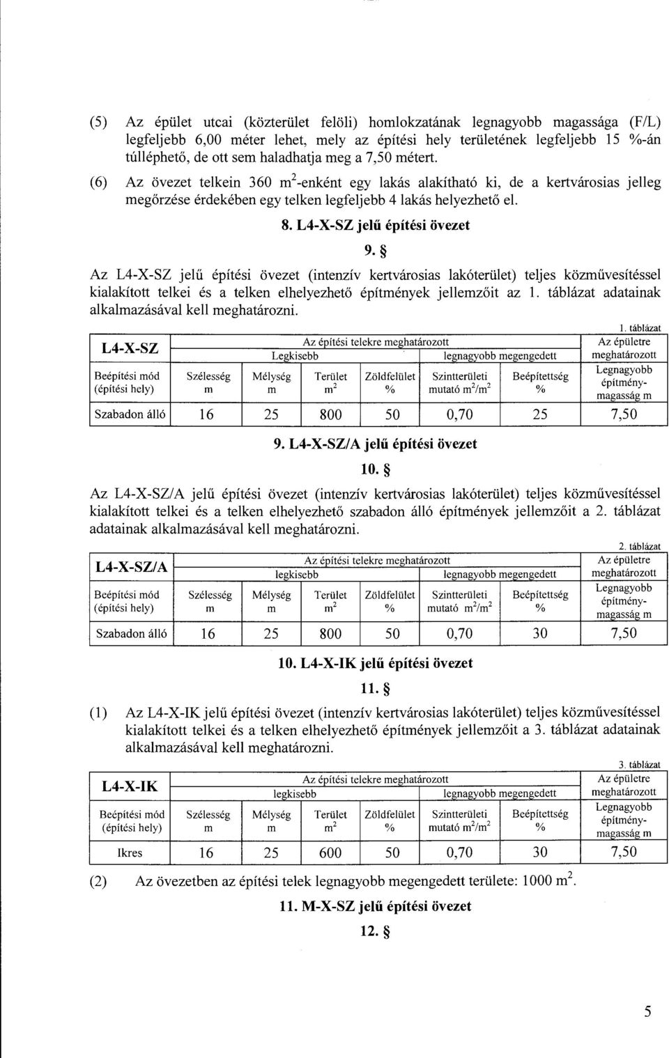 L4-X-SZ jelű építési övezet 9. Az L4-X-SZ jelű építési övezet (intenzív kertvárosias lakóterület) teljes közművesítéssel kialakított telkei és a telken elhelyezhető építmények jellemzőit az l.