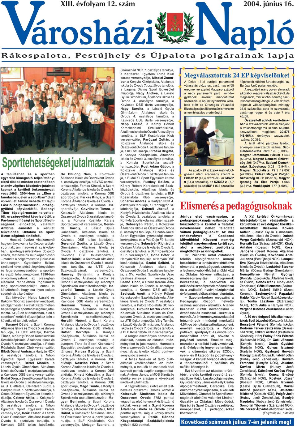 2004-ben az Élen a tanulásban, élen a sportban díjat 45 kerületi tanuló vehette át Hajdu László polgármestertől, országgyűlési képviselőtől, Bakonyi Tibor főpolgármester-helyettestől, országgyűlési