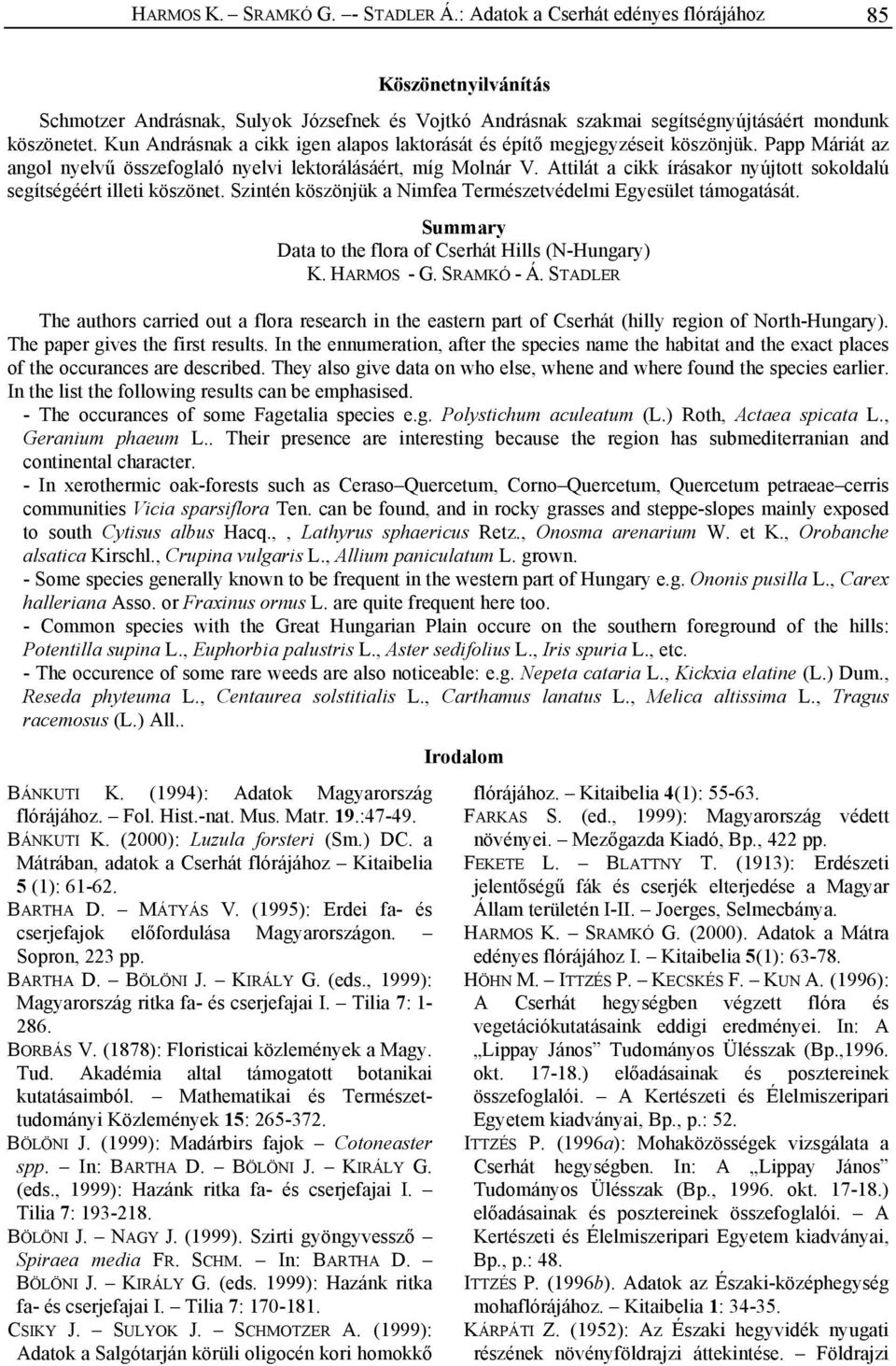 Attilát a cikk írásakor nyújtott sokoldalú segítségéért illeti köszönet. Szintén köszönjük a Nimfea Természetvédelmi Egyesület támogatását. Summary Data to the flora of Cserhát Hills (N-Hungary) K.