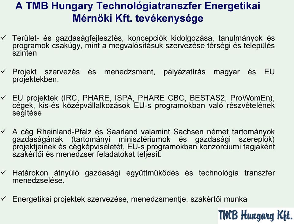 pályázatírás magyar és EU projektekben.