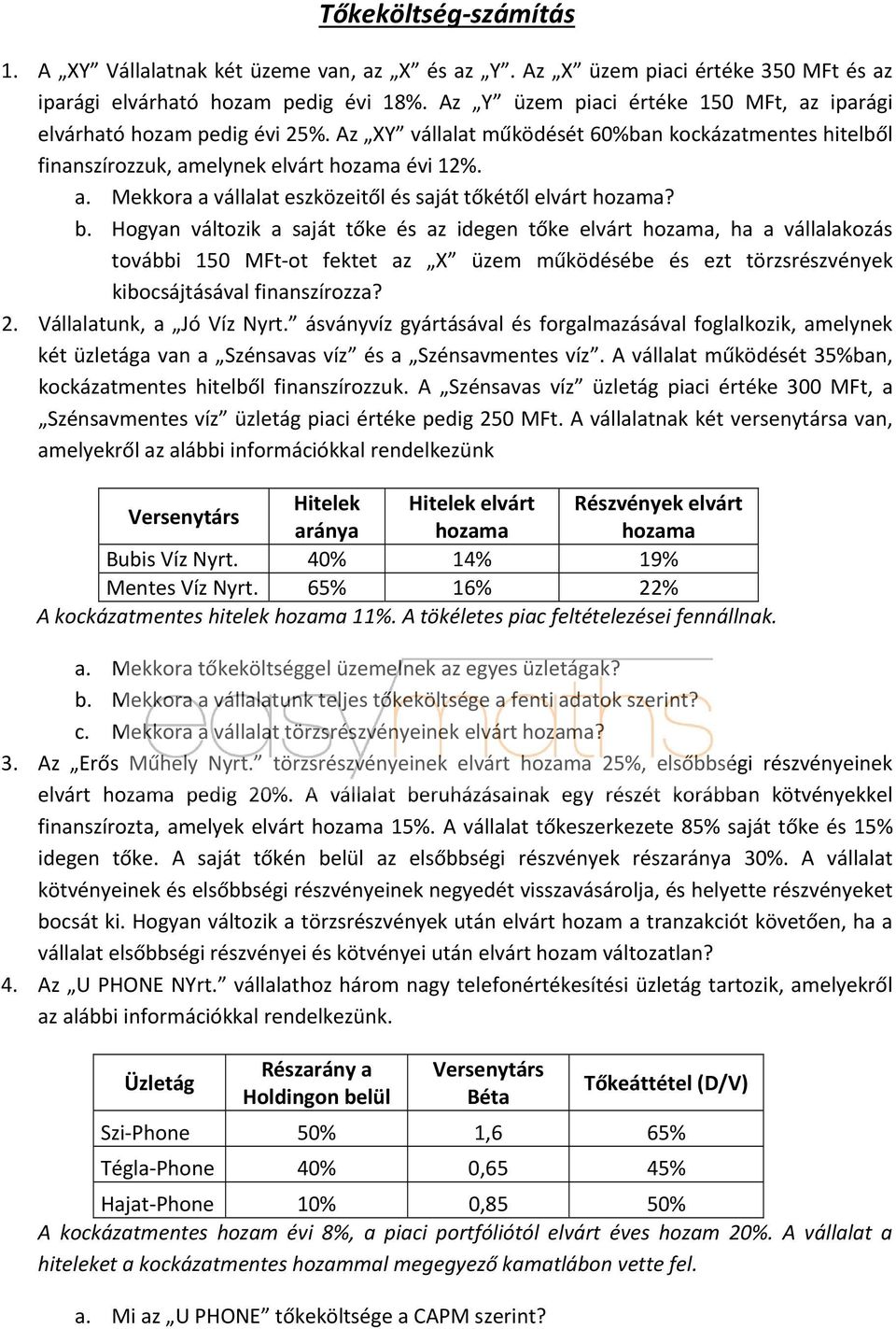 b. Hogyan változik a saját tőke és az idegen tőke elvárt hozama, ha a vállalakozás további 150 MFt ot fektet az X üzem működésébe és ezt törzsrészvények kibocsájtásával finanszírozza? 2.