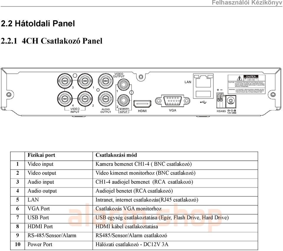 LAN alarm Intranet, internet csatlakozás(rj45 shop csatlakozó) 6 VGA Port Csatlakozás VGA monitorhoz 7 USB Port USB egység csatlakoztatása (Egér,