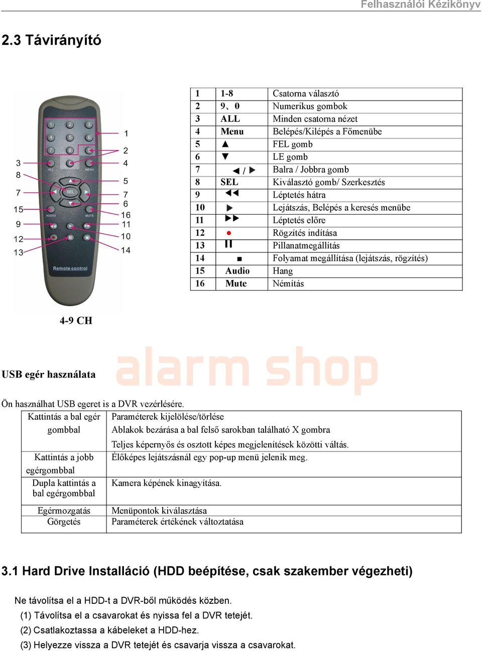 Némítás 4-9 CH USB egér használata Ön használhat USB egeret is a DVR vezérlésére.