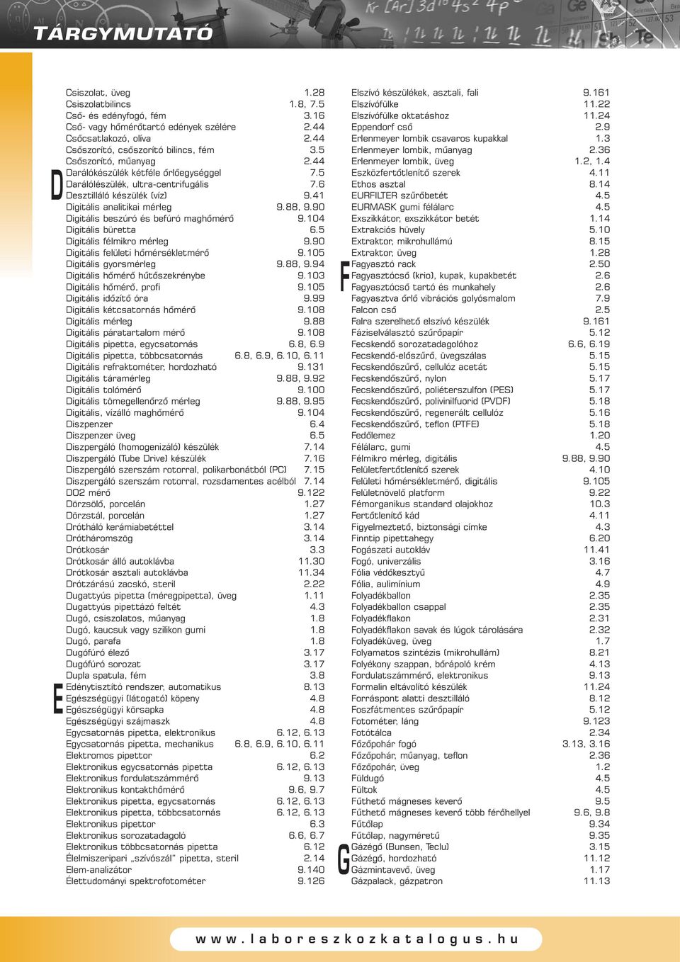 90 Digitális beszúró és befúró maghõmérõ 9.104 Digitális büretta 6.5 Digitális félmikro mérleg 9.90 Digitális felületi hõmérsékletmérõ 9.105 Digitális gyorsmérleg 9.88, 9.