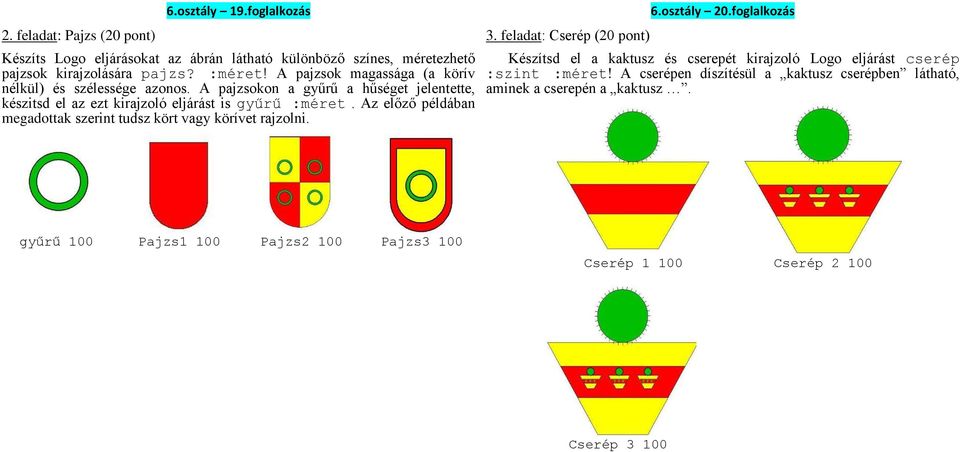 Az előző példában megadottak szerint tudsz kört vagy körívet rajzolni. 3. feladat: Cserép (20 pont) 6.osztály 20.