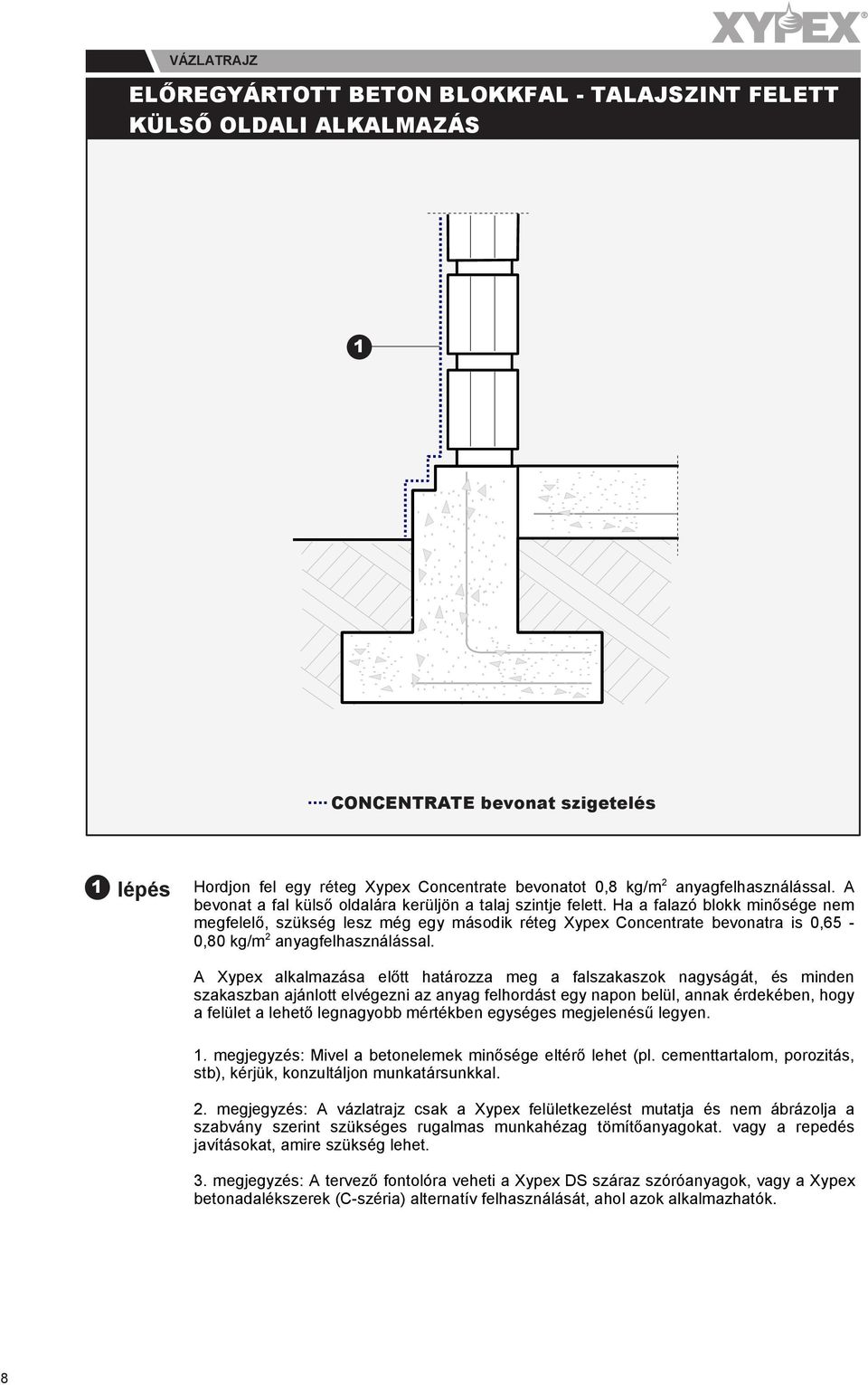 Ha a falazó blokk minősége nem megfelelő, szükség lesz még egy második réteg Xypex Concentrate bevonatra is 0,65 0,80 kg/m anyagfelhasználással.