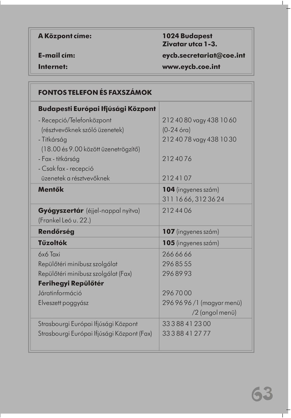 int FONTOS TELEFON ÉS FAXSZÁMOK Budapesti Európai Ifjúsági Központ - Recepció/Telefonközpont 212 40 80 vagy 438 10 60 (résztvevõknek szóló üzenetek) (0-24 óra) - Titkárság 212 40 78 vagy 438 10 30