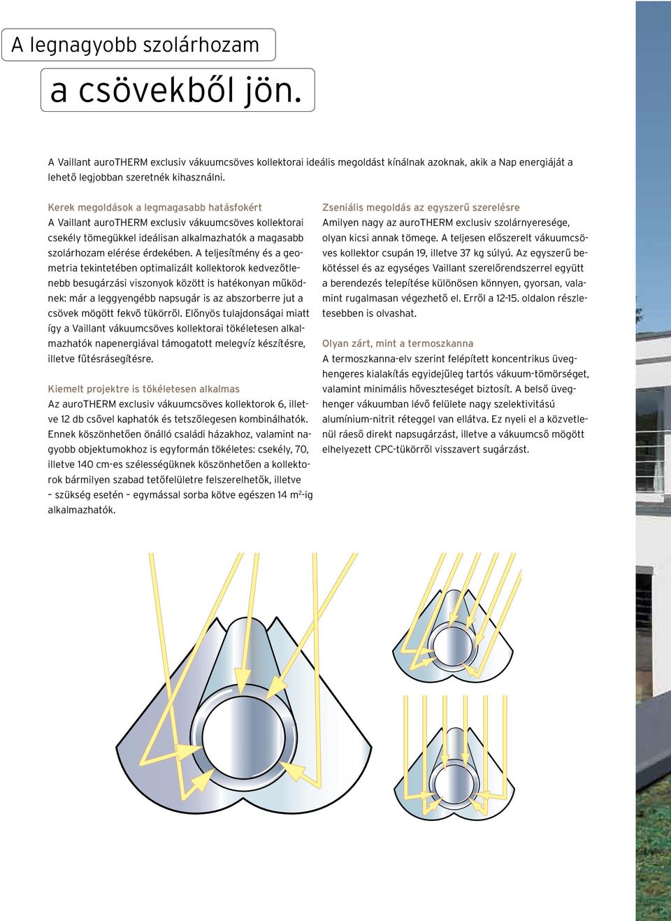 A teljesítmény és a geometria tekintetében optimalizált kollektorok kedvezőtlenebb besugárzási viszonyok között is hatékonyan működnek: már a leggyengébb napsugár is az abszorberre jut a csövek