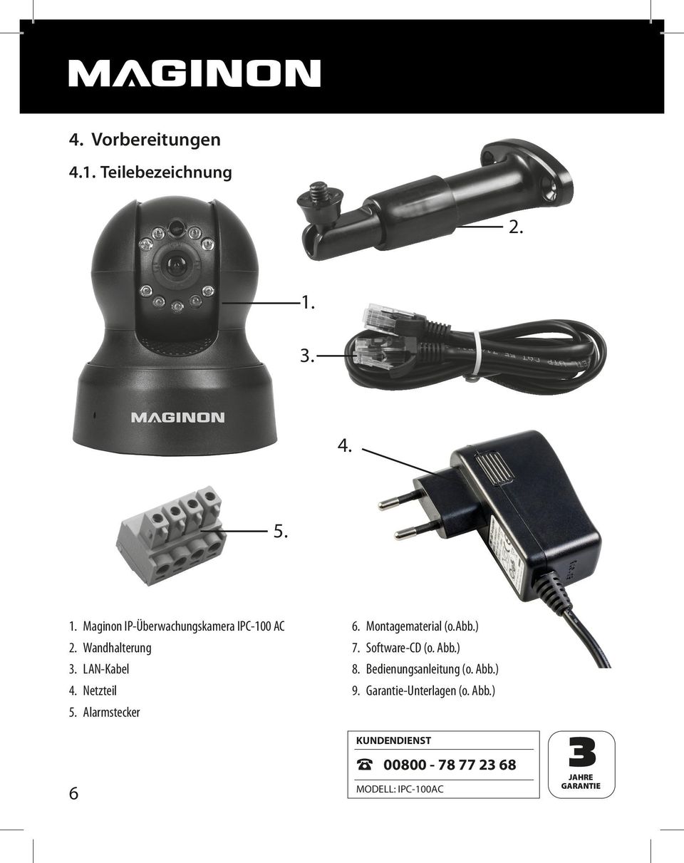 Netzteil 5. Alarmstecker 6 6. Montagematerial (o.abb.) 7. Software-CD (o. Abb.) 8.