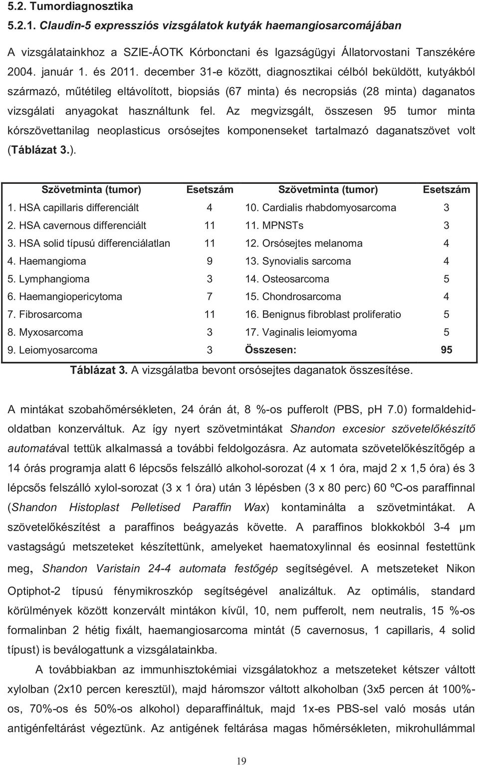 Az megvizsgált, összesen 95 tumor minta kórszövettanilag neoplasticus orsósejtes komponenseket tartalmazó daganatszövet volt (Táblázat 3.). Szövetminta (tumor) Esetszám Szövetminta (tumor) Esetszám 1.