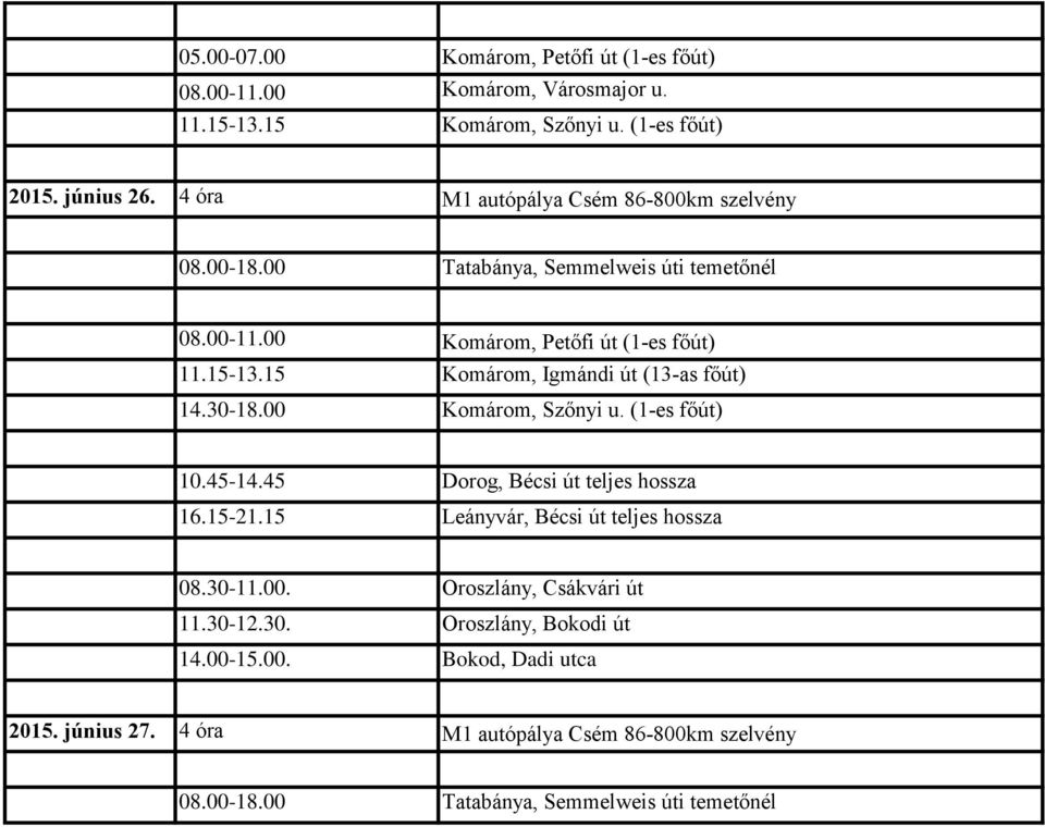 15-13.15 Komárom, Igmándi út (13-as főút) 14.30-18.00 Komárom, Szőnyi u. (1-es főút) 10.45-14.45 Dorog, Bécsi út teljes hossza 16.15-21.