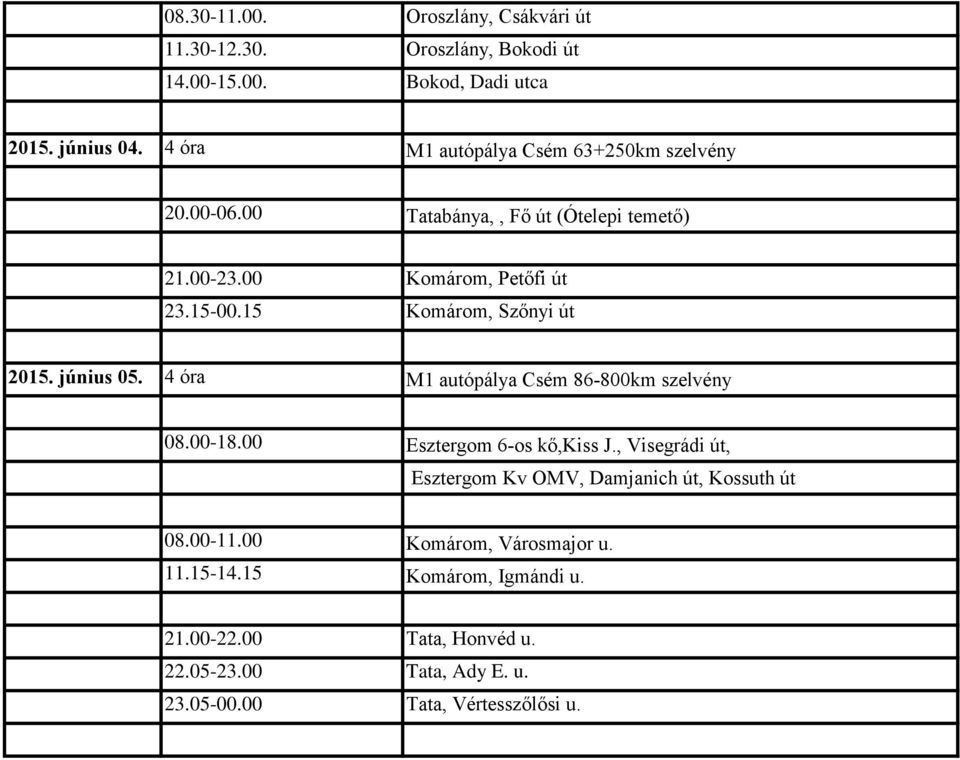 00-18.00 Esztergom 6-os kő,kiss J., Visegrádi út, Esztergom Kv OMV, Damjanich út, Kossuth út 08.00-11.