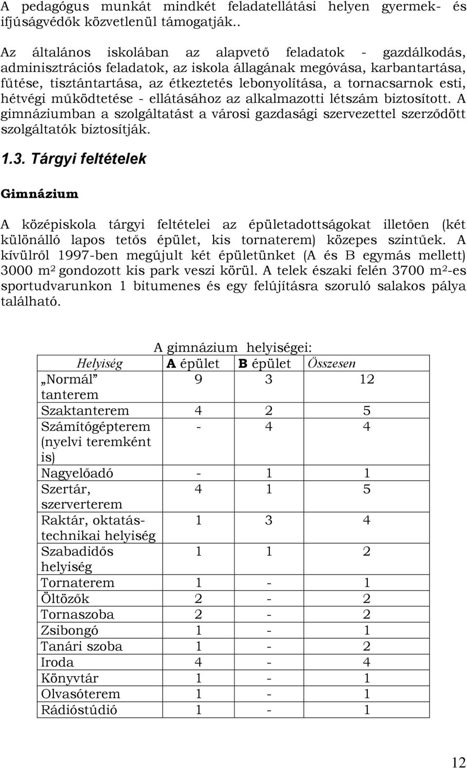 tornacsarnok esti, hétvégi működtetése - ellátásához az alkalmazotti létszám biztosított. A gimnáziumban a szolgáltatást a városi gazdasági szervezettel szerződött szolgáltatók biztosítják. 1.3.