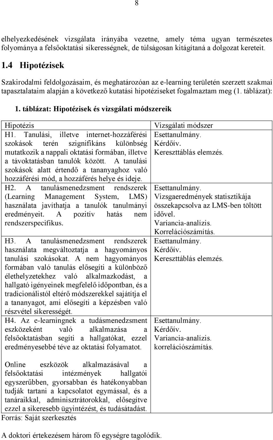 táblázat: Hipotézisek és vizsgálati módszereik Hipotézis H1.