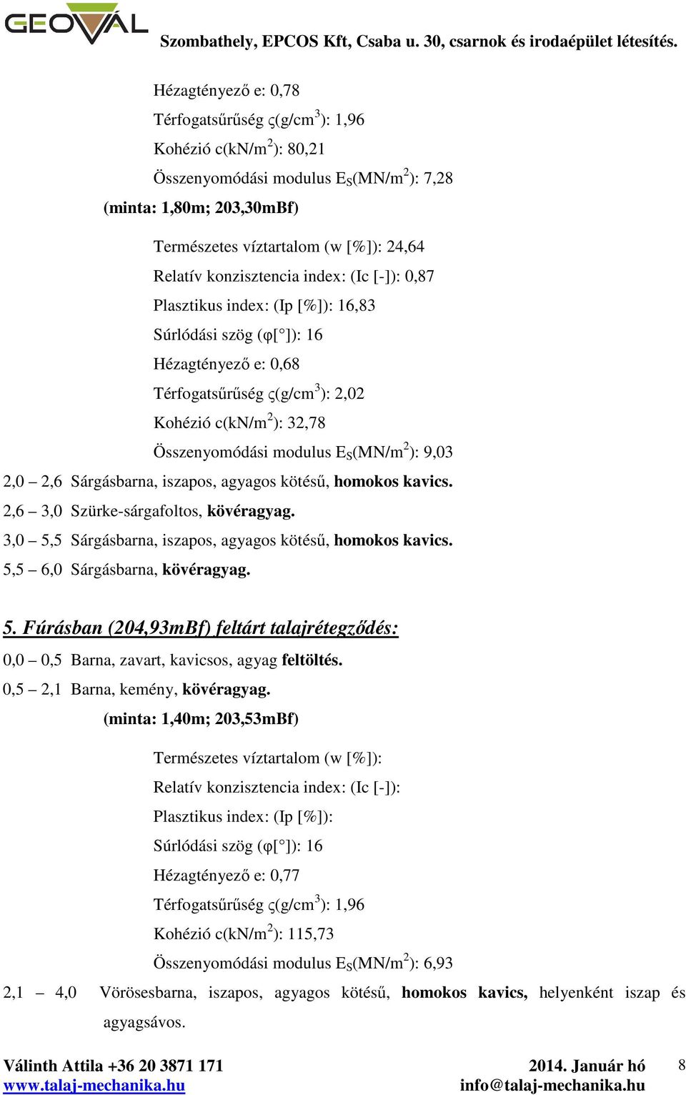 index: (Ic [-]): 0,87 Plasztikus index: (Ip [%]): 6,83 Súrlódási szög (φ[ ]): 6 Hézagtényező e: 0,68 Térfogatsűrűség ς(g/cm 3 ):,0 Kohézió c(kn/m ): 3,78 Összenyomódási modulus E S (MN/m ): 9,03,0,6