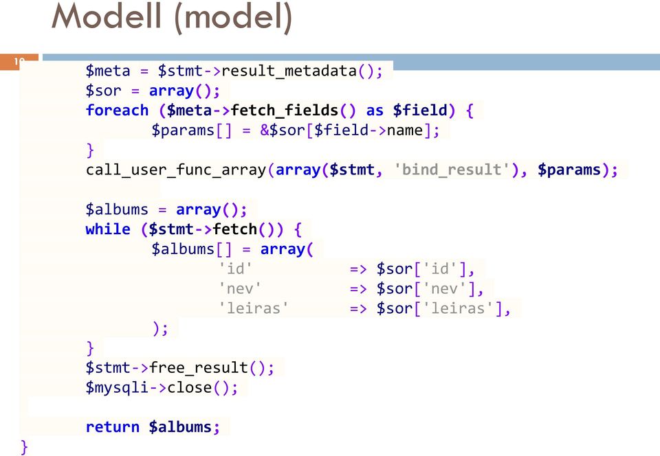 $params); $albums = array(); while ($stmt->fetch()) { $albums[] = array( 'id' 'nev' 'leiras' );