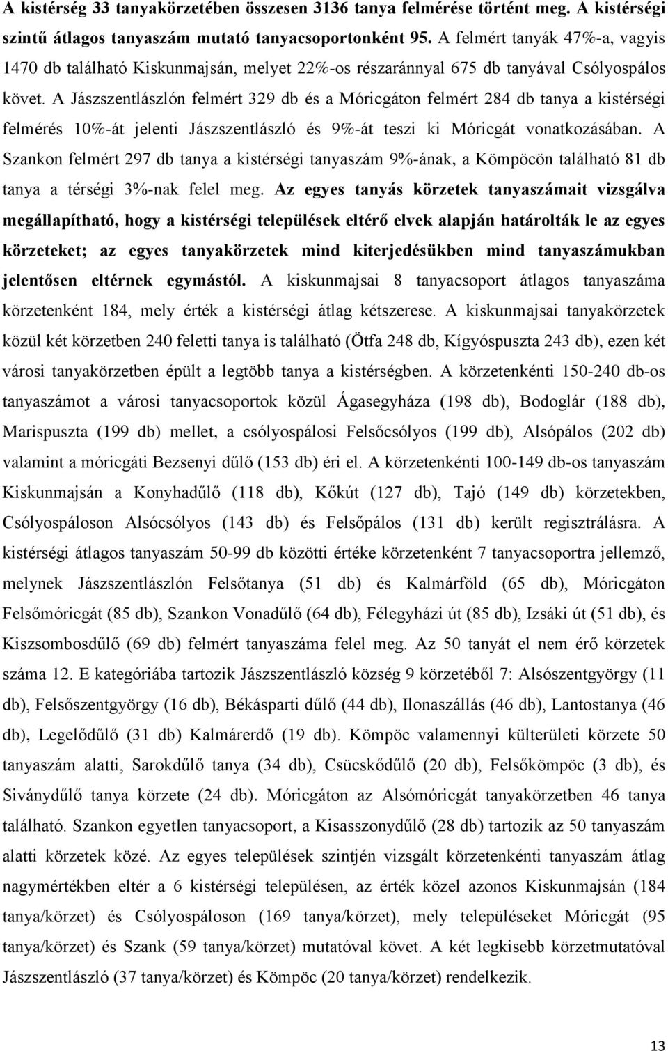 A Jászszentlászlón felmért 329 db és a Móricgáton felmért 284 db tanya a kistérségi felmérés 10%-át jelenti Jászszentlászló és 9%-át teszi ki Móricgát vonatkozásában.