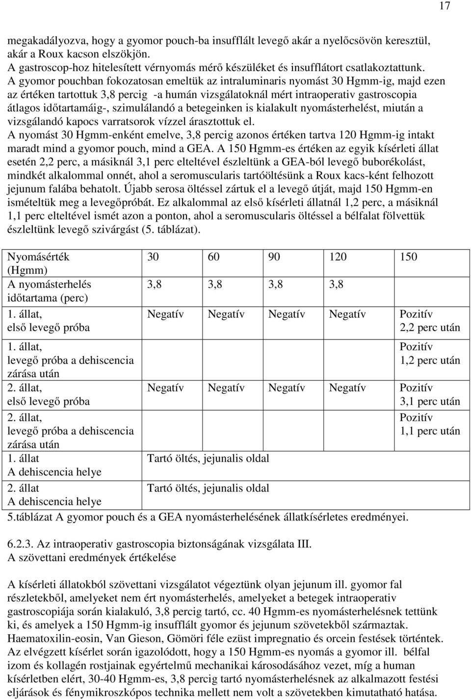 A gyomor pouchban fokozatosan emeltük az intraluminaris nyomást 30 Hgmm-ig, majd ezen az értéken tartottuk 3,8 percig -a humán vizsgálatoknál mért intraoperativ gastroscopia átlagos időtartamáig-,