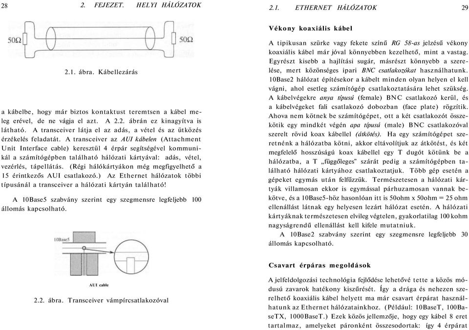 A transceiver az AUI kábelen (Attachment Unit Interface cable) keresztül 4 érpár segítségével kommunikál a számítógépben található hálózati kártyával: adás, vétel, vezérlés, tápellátás.