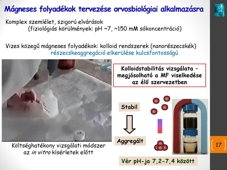 részecskeaggregáció elkerülése kulcsfontosságú Kolloidstabilitás vizsgálata megjósolható a MF viselkedése az élő