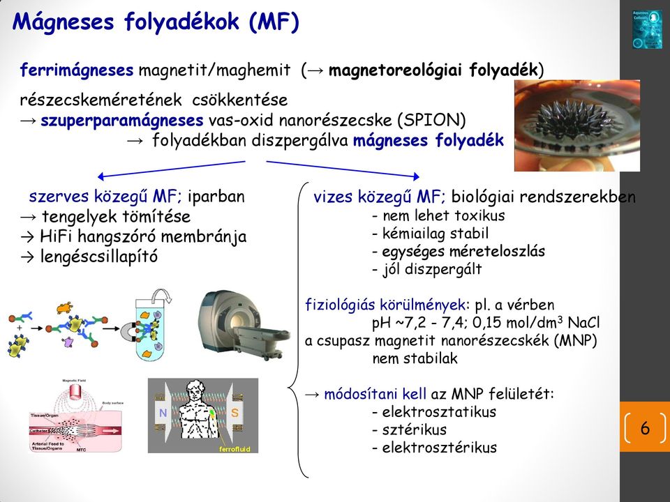 vizes közegű MF; biológiai rendszerekben - nem lehet toxikus - kémiailag stabil - egységes méreteloszlás - jól diszpergált fiziológiás körülmények: pl.