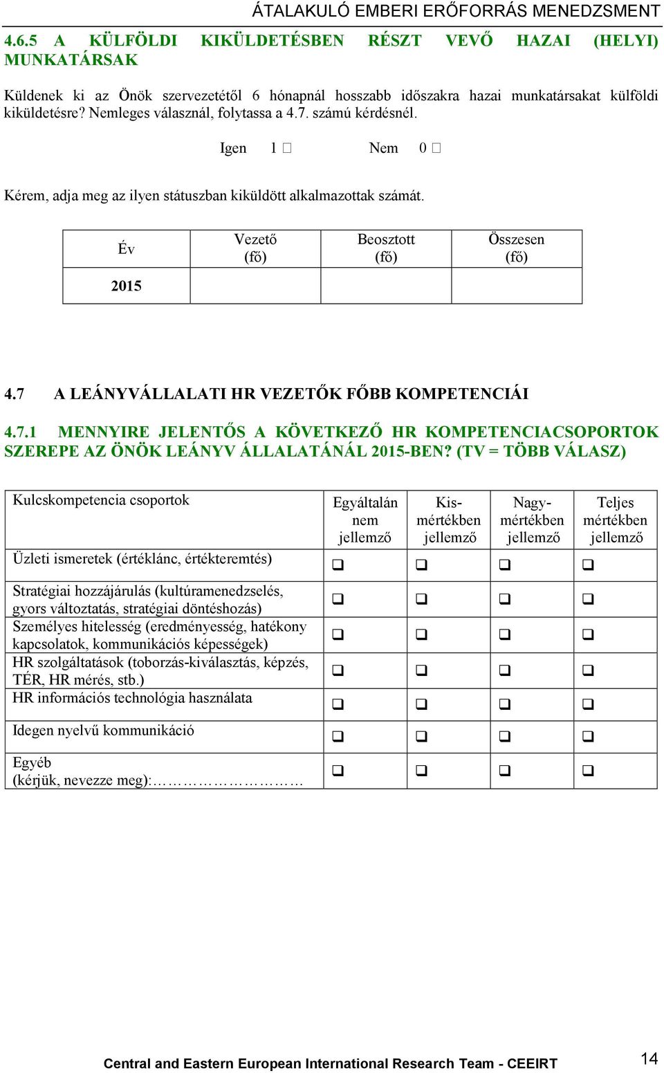 7 A LEÁNYVÁLLALATI HR VEZETŐK FŐBB KOMPETENCIÁI 4.7.1 MENNYIRE JELENTŐS A KÖVETKEZŐ HR KOMPETENCIACSOPORTOK SZEREPE AZ ÖNÖK LEÁNYV ÁLLALATÁNÁL 2015-BEN?