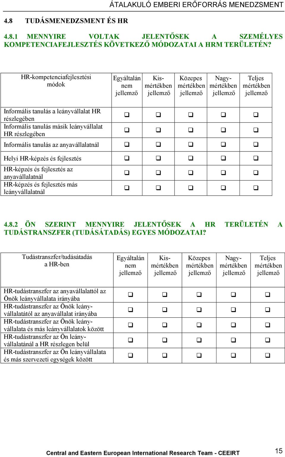 HR részlegében Informális tanulás az anyavállalatnál Helyi HR-képzés és fejlesztés HR-képzés és fejlesztés az anyavállalatnál HR-képzés és fejlesztés más leányvállalatnál 4.8.