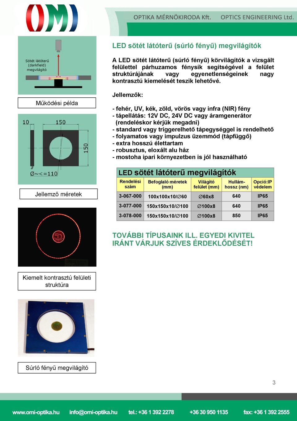 Működési példa Jellemző méretek - fehér, UV, kék, zöld, vörös vagy infra (NIR) fény - tápellátás: 12V DC, 24V DC vagy áramgenerátor (rendeléskor kérjük megadni) - robusztus,