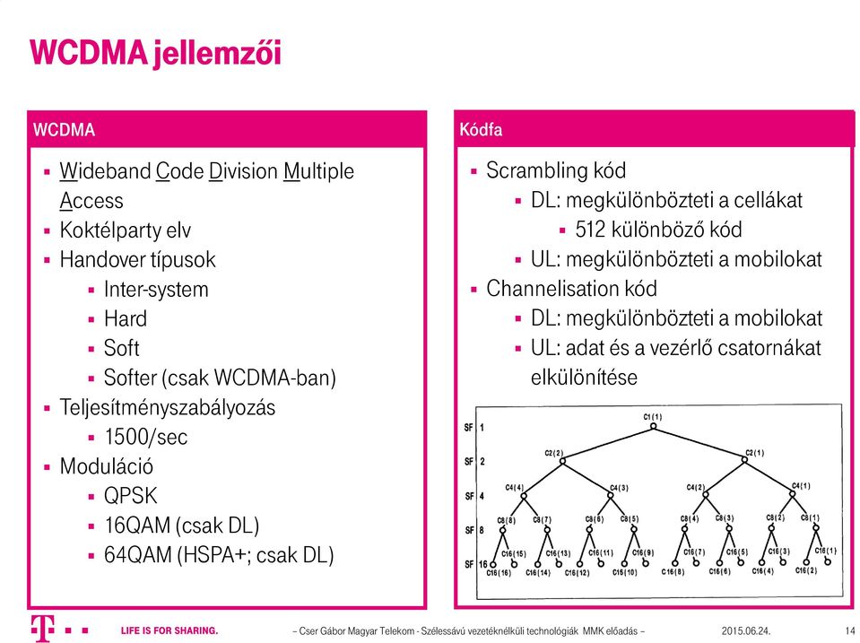 megkülönbözteti a cellákat 512 különböző kód UL: megkülönbözteti a mobilokat Channelisation kód DL: megkülönbözteti a mobilokat