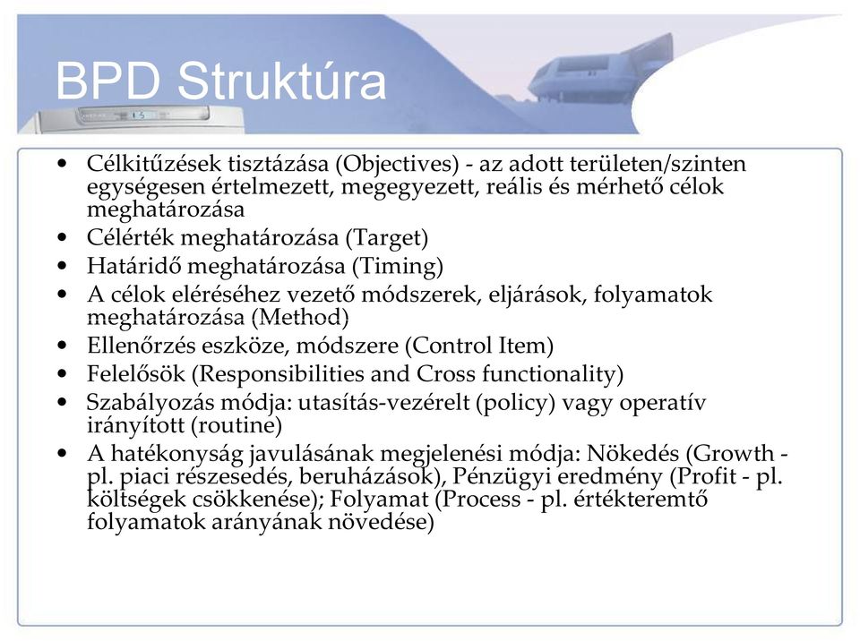 (Control Item) Felelősök (Responsibilities and Cross functionality) Szabályozás módja: utasítás-vezérelt (policy) vagy operatív irányított (routine) A hatékonyság