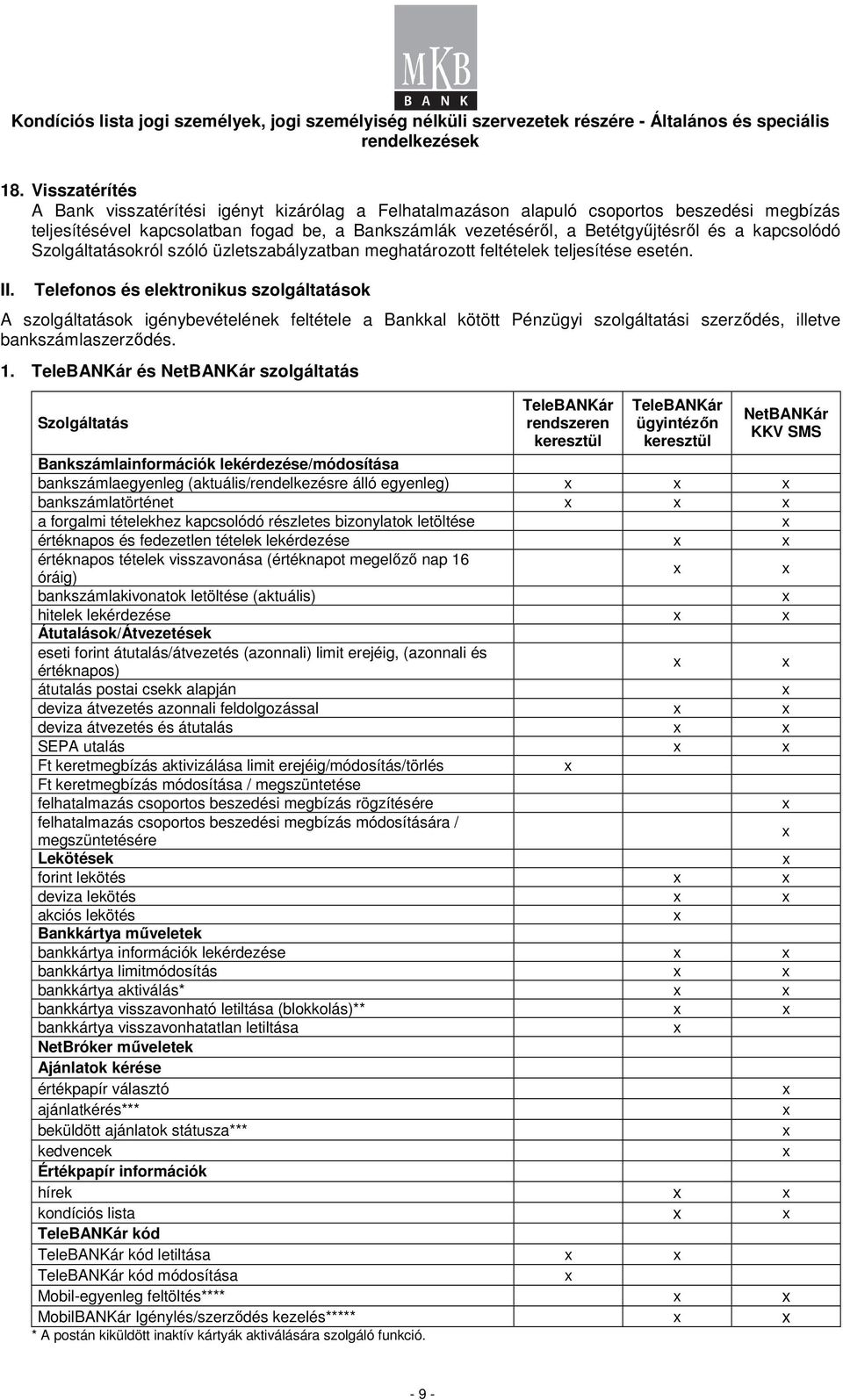 Telefonos és elektronikus szolgáltatások A szolgáltatások igénybevételének feltétele a Bankkal kötött Pénzügyi szolgáltatási szerződés, illetve bankszámlaszerződés. 1.