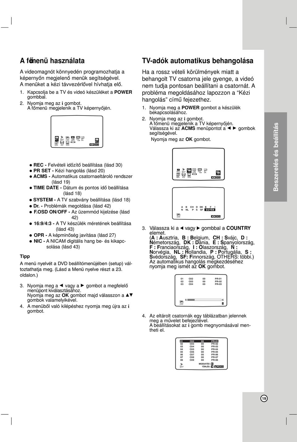 REC fosd ON OFF Pr-12 ACMS 16:9 4:3 OPR 1 2 TIME DATE NIC REC - Felvételi idó zító beállítása (lásd 30) PR SET - Kézi hangolás (lásd 20) ACMS - Automatikus csatornaeltároló rendszer (lásd 19) TIME