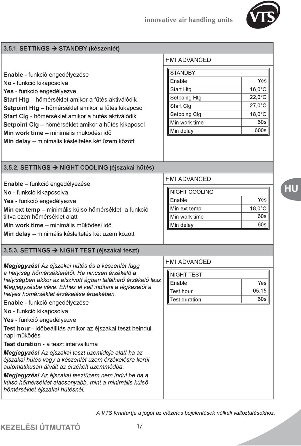 fűtés kikapcsol Start Clg - hőmérséklet amikor a hűtés aktiválódik Setpoint Clg hőmérséklet amikor a hűtés kikapcsol Min work time minimális működési idő Min delay minimális késleltetés két üzem