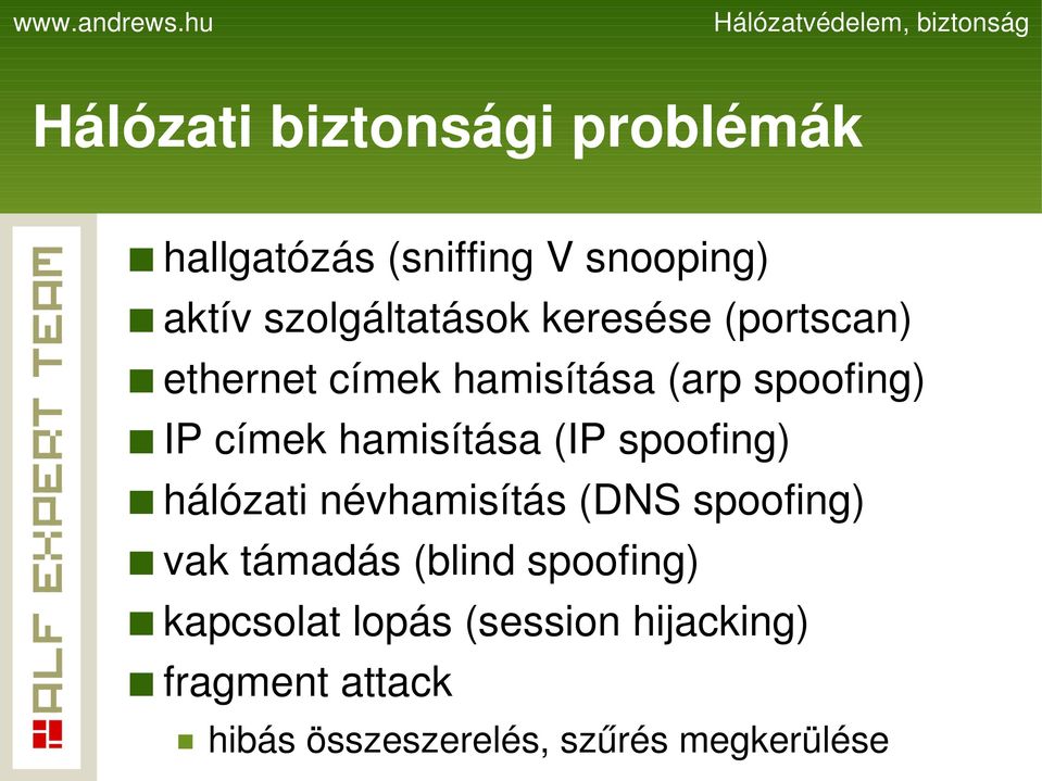 spoofing) hálózati névhamisítás (DNS spoofing) vak támadás (blind spoofing)