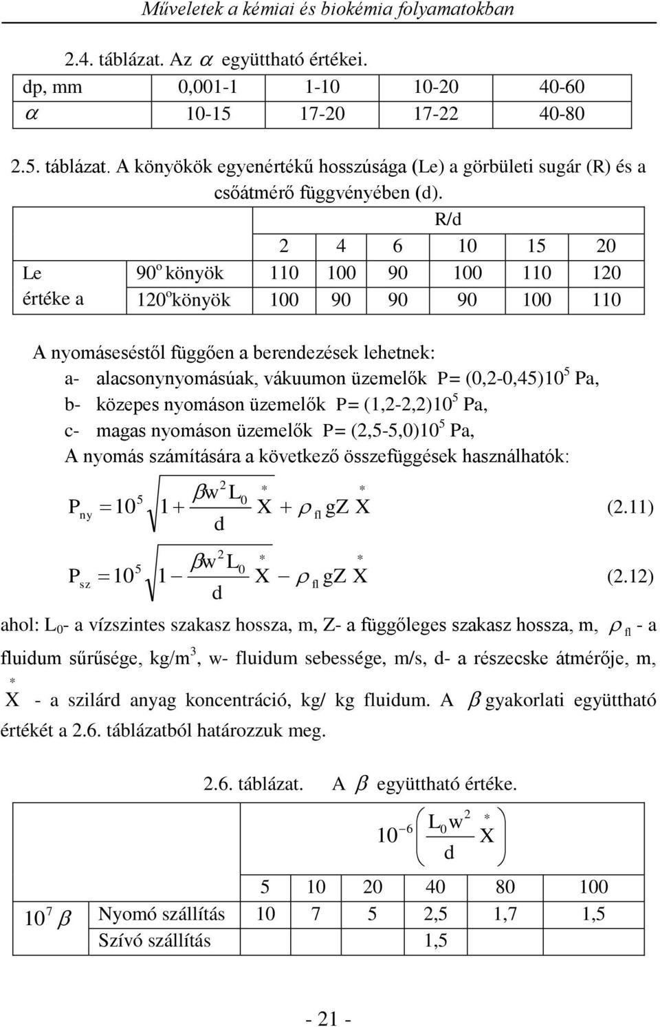 5 Pa, b- közepes nyomáson üzemelők P= (1,-,)10 5 Pa, c- magas nyomáson üzemelők P= (,5-5,0)10 5 Pa, A nyomás számítására a következő összefüggések használhatók: P P ny sz * * 5 w L0 10 1 X fl gz X (.