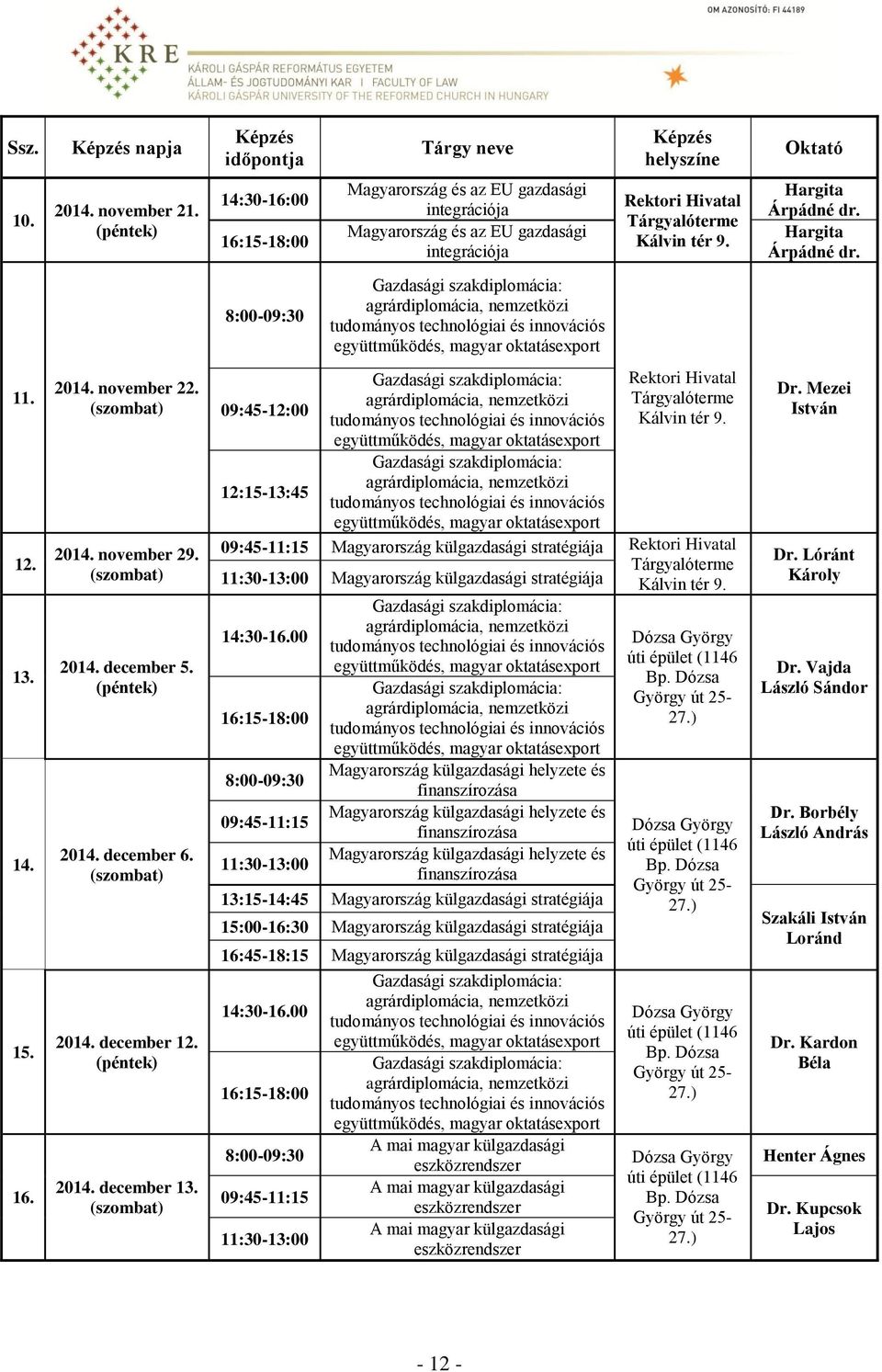 Hargita Árpádné dr. 8:00-09:30 Gazdasági szakdiplomácia: agrárdiplomácia, nemzetközi tudományos technológiai és innovációs együttműködés, magyar oktatásexport 11. 12. 13. 14. 15. 16. 2014.