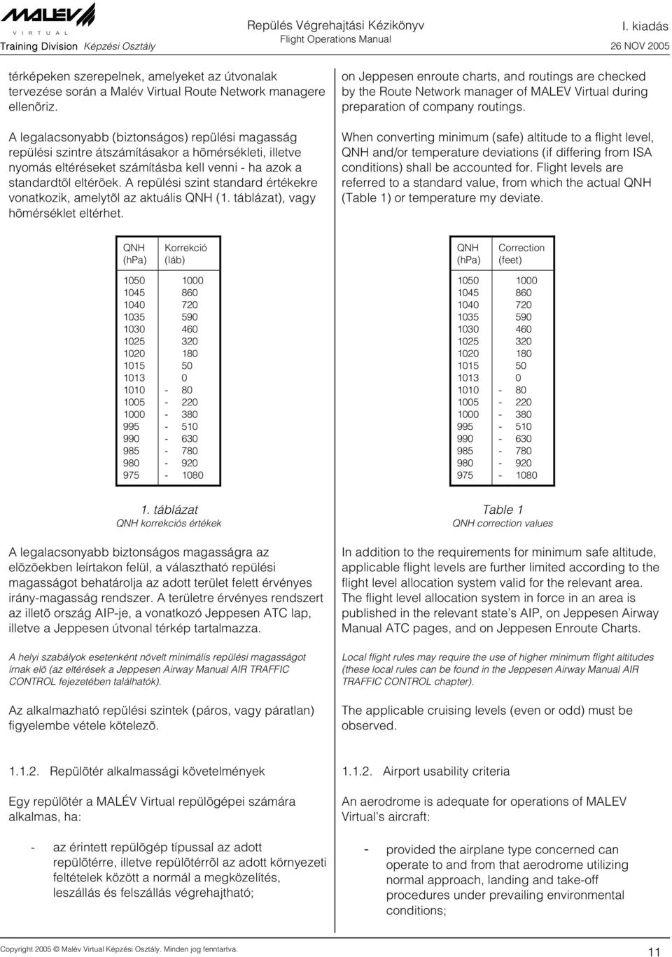 A repülési szint standard értékekre vonatkozik, amelytõl az aktuális QNH (1. táblázat), vagy hõmérséklet eltérhet.