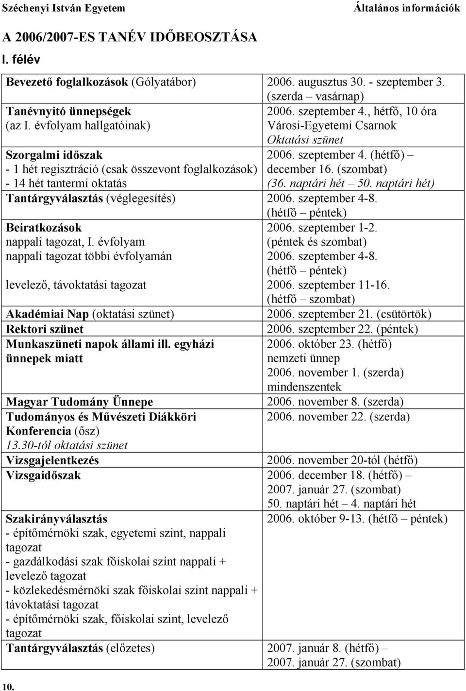 szeptember 4. (hétfő) december 16. (szombat) (36. naptári hét 50. naptári hét) Tantárgyválasztás (véglegesítés) 2006. szeptember 4-8. (hétfő péntek) Beiratkozások 2006. szeptember 1-2.