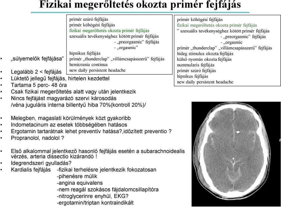 fejfájás, hirtelen kezdettel Tartama 5 perc- 48 óra Csak fizikai megerőltetés alatt vagy után jelentkezik Nincs fejfájást magyarázó szervi károsodás /véna juguláris interna billentyű hiba