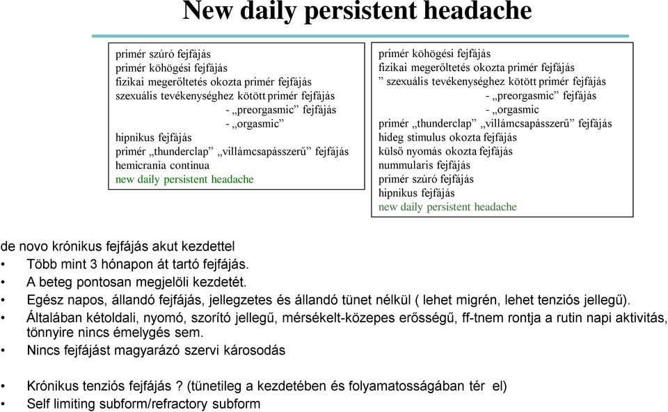 szexuális tevékenységhez kötött primér fejfájás - preorgasmic fejfájás - orgasmic primér thunderclap villámcsapásszerű fejfájás hideg stimulus okozta fejfájás külső nyomás okozta fejfájás nummularis