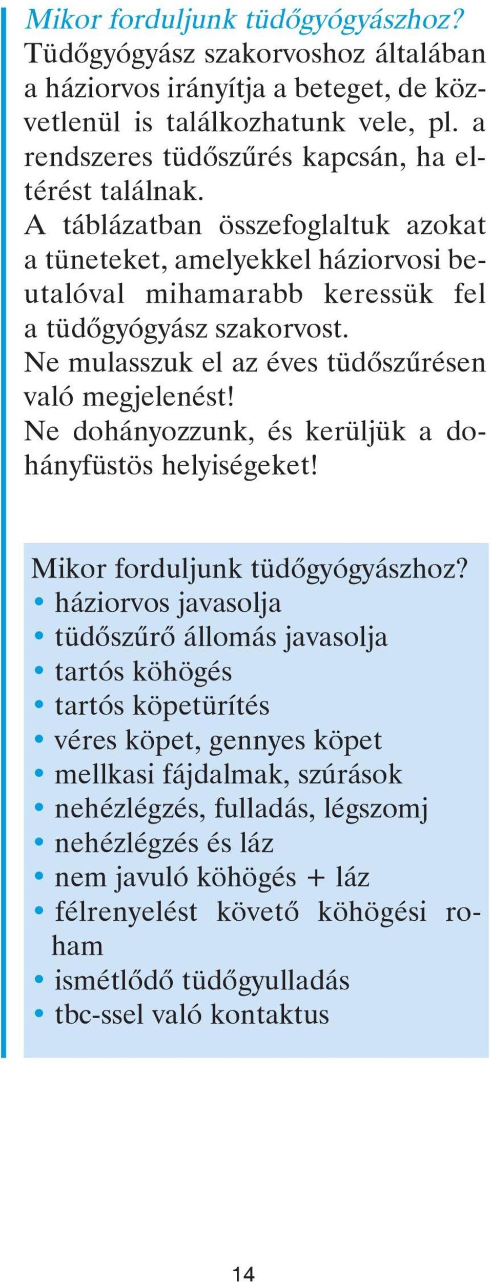 Ne mulasszuk el az éves tüdôszûrésen való megjelenést! Ne dohányozzunk, és kerüljük a dohányfüstös helyiségeket! Mikor forduljunk tüdôgyógyászhoz?