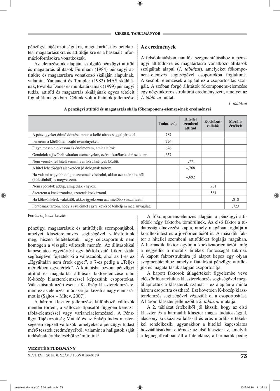 skálájának, továbbá Danes és munkatársainak (1999) pénzügyi tudás, attitűd és magatartás skálájának egyes tételeit foglalják magukban.