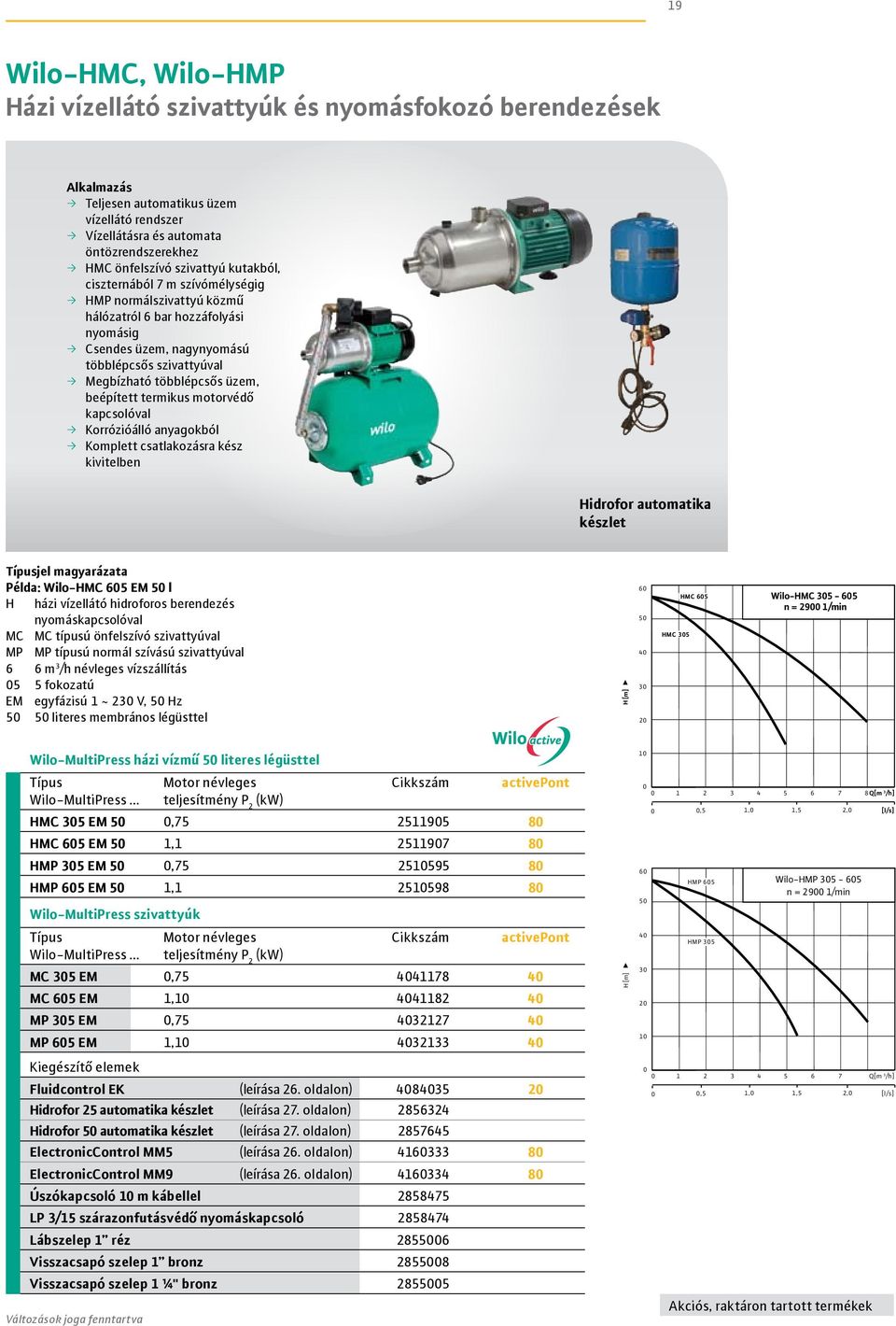 beépített termikus motorvédő kapcsolóval ƒƒ Korrózióálló anyagokból ƒƒ Komplett csatlakozásra kész kivitelben Hidrofor automatika készlet Típusjel magyarázata Példa: Wilo-HMC 5 EM 5 l H házi
