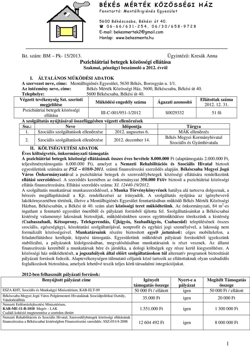 Telephelye: Végzett tevékenység Szt. szerinti Ellátottak száma Működési engedély száma Ágazati azonosító megjelölése 2012. 12. 31.