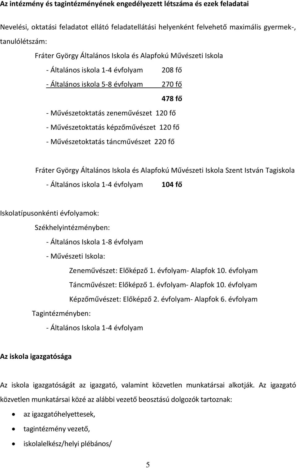 képzőművészet 120 fő - Művészetoktatás táncművészet 220 fő Fráter György Általános Iskola és Alapfokú Művészeti Iskola Szent István Tagiskola - Általános iskola 1-4 évfolyam 104 fő Iskolatípusonkénti